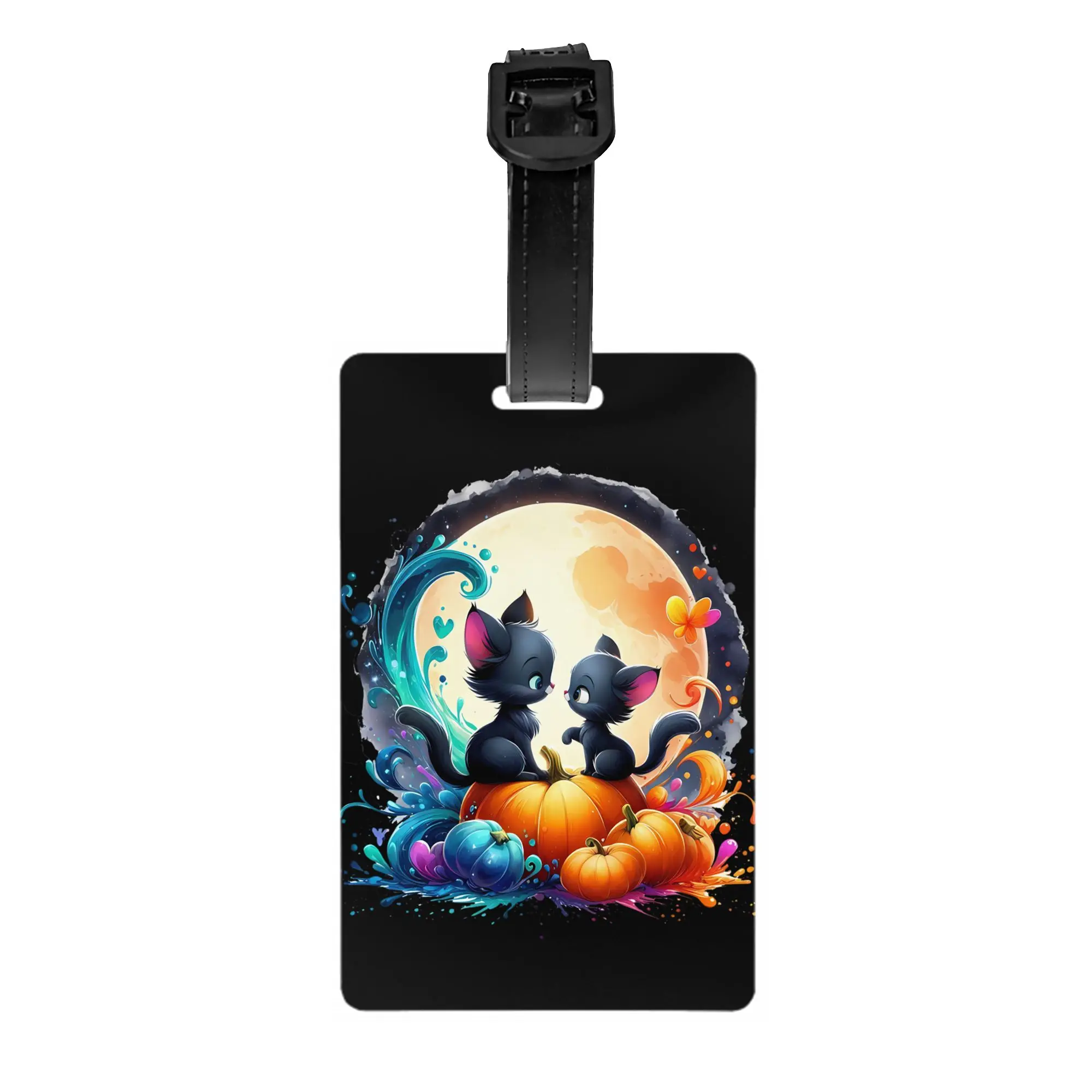 Custom Halloween Black Kitten Luggage Tag With Name Card  Privacy Cover ID Label for Travel Bag Suitcase