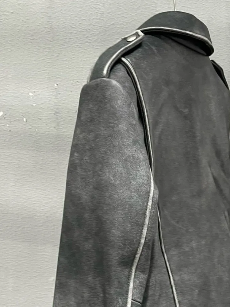 Giacca in vera pelle fatta a mano con risvolto stile casual, telai con cerniera ampia, maniche lunghe, capispalla da motociclista in pelle di pecora da donna