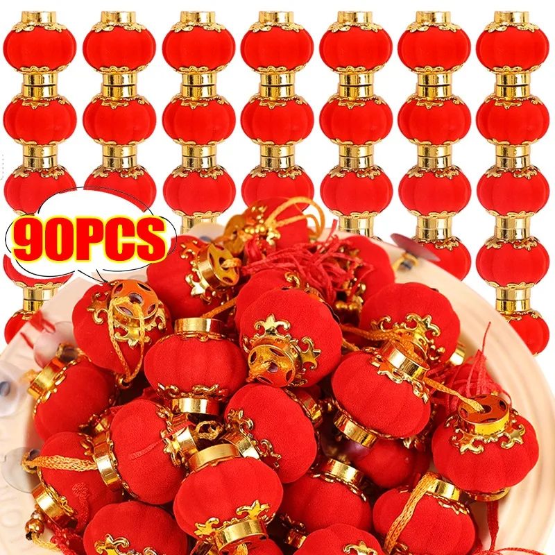 90/30x Mini Red Flocking Lanterns Lucky Hanging Decor with Golden Wedding Chinese New Year Spring Festival Lantern Decor Outdoor