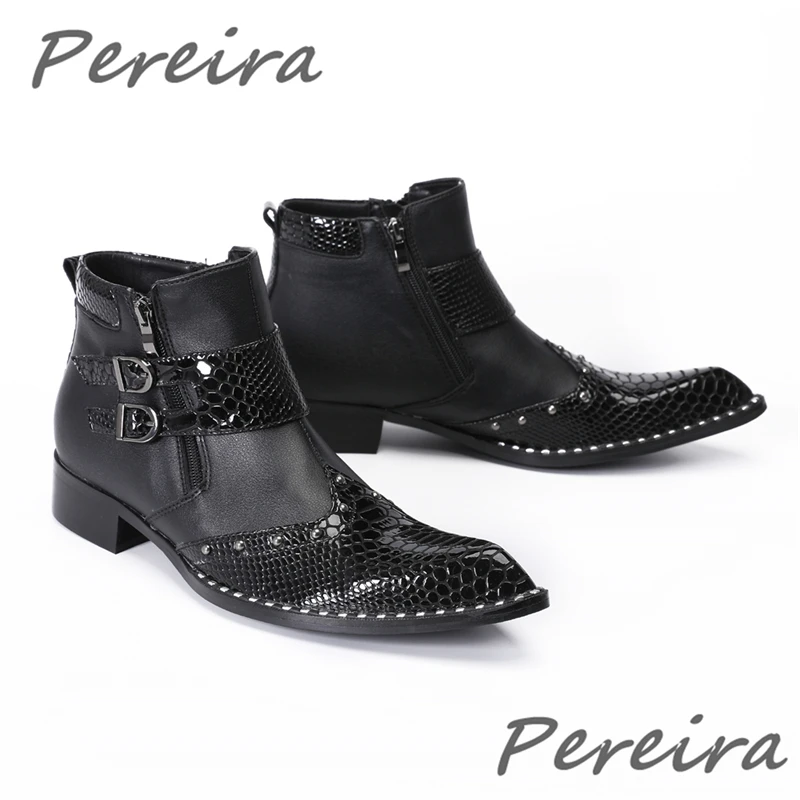 

Black Cowhide Patchwork Chelsea Boots Double Buckle Side Zipper Pointy Toe Low Heel Short Boots Fashion Handmade Men's Shoes