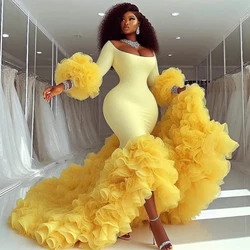 Extra Puffy Full Sleeves Evening Prom Gowns Tulle Ruffles Formal Party Dresses Stretchy Aso Ebi Yellow Prom Gowns Mermaid