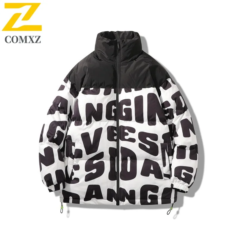 

COMXZ 2025 Winter Unisex Stand-Collar Cotton Jacket Trendy Brand Graffiti Letter Print Warm Loose Student Casual Coat Outerwear​