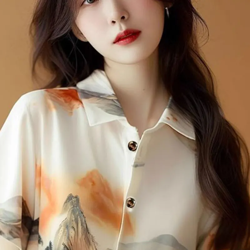 Elegant Fashion Harajuku Slim Fit Female Clothes Loose Sweat Casual All Match Printed Button Blouses Short Sleeve Women Shirt