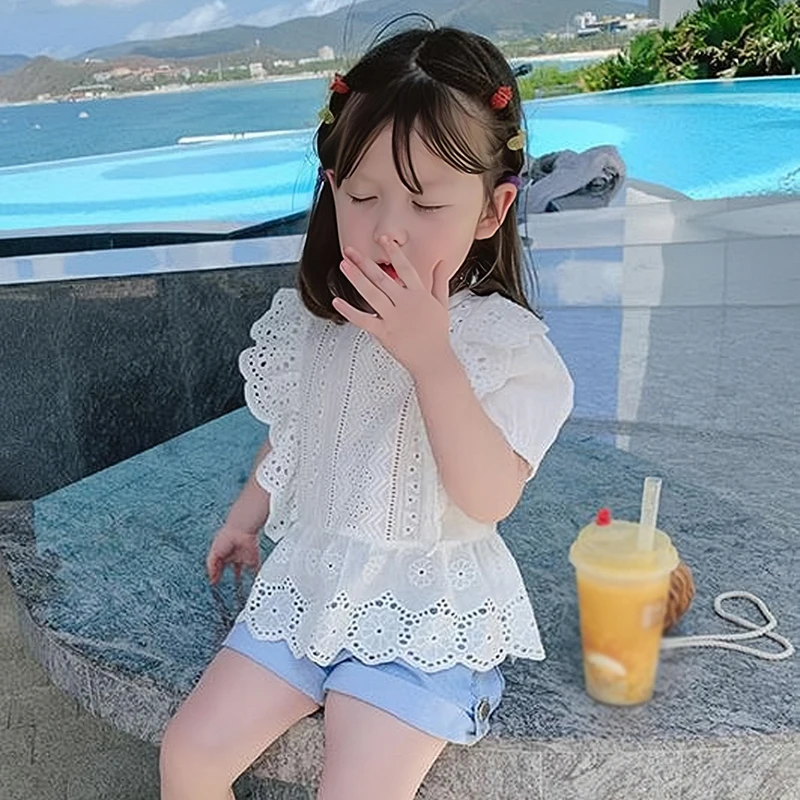 Sweet Girl Summer Kid Bottoming Shirt Solid Hollowed-out Hem Toddler Short Sleeves Skin-friendly Breathable Baby Puff Sleeve Top