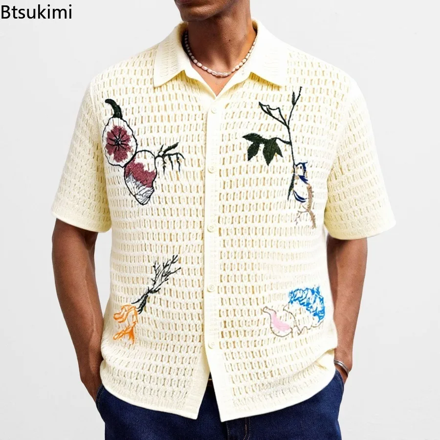 New Men's Cardigans Retro Ethnic Style Hollow Out Floral Embroidery Knitting Short Sleeve Polo Shirts High Quality Knitwear Tops
