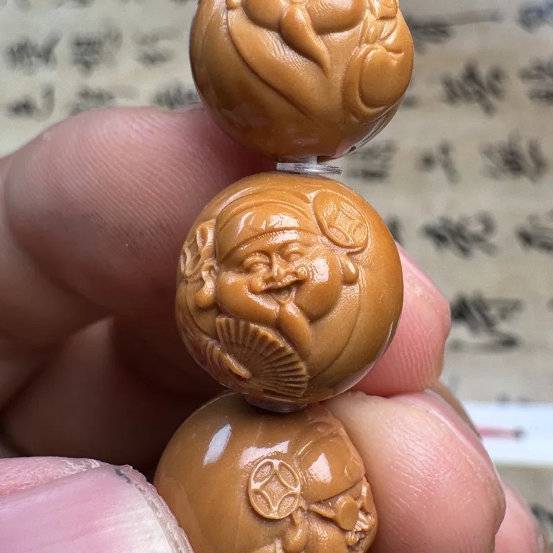Carved Walnut Bead Bracelet, 14mm Single Strand Chinese Fortune Monkey Head Jewelry