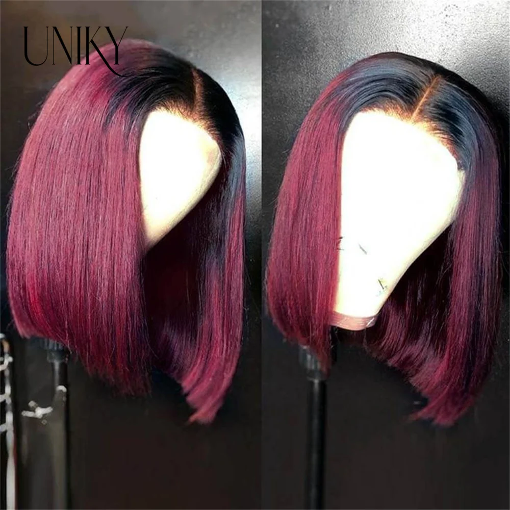 4x4 Bob Lace Closure Wig Malaysain Straight Human Hair for Black Women T1B/99J Bob Lace Front Human Hair Wigs Blunt Cut Wig