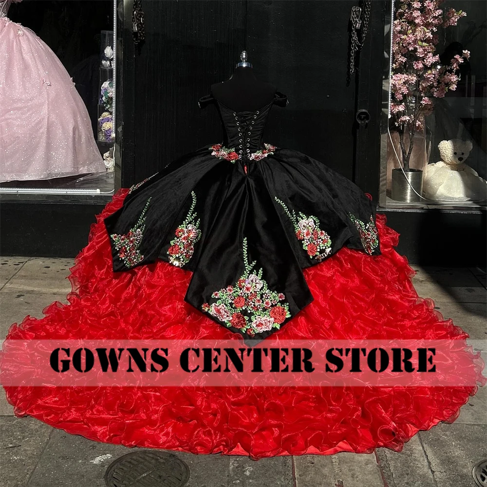 Flower Embroidery Red Ruffels Black Mexican Ball Gown Quinceanera Dresses Off The Shoulder Corset Wedding Dresses Sweet 16 aqua