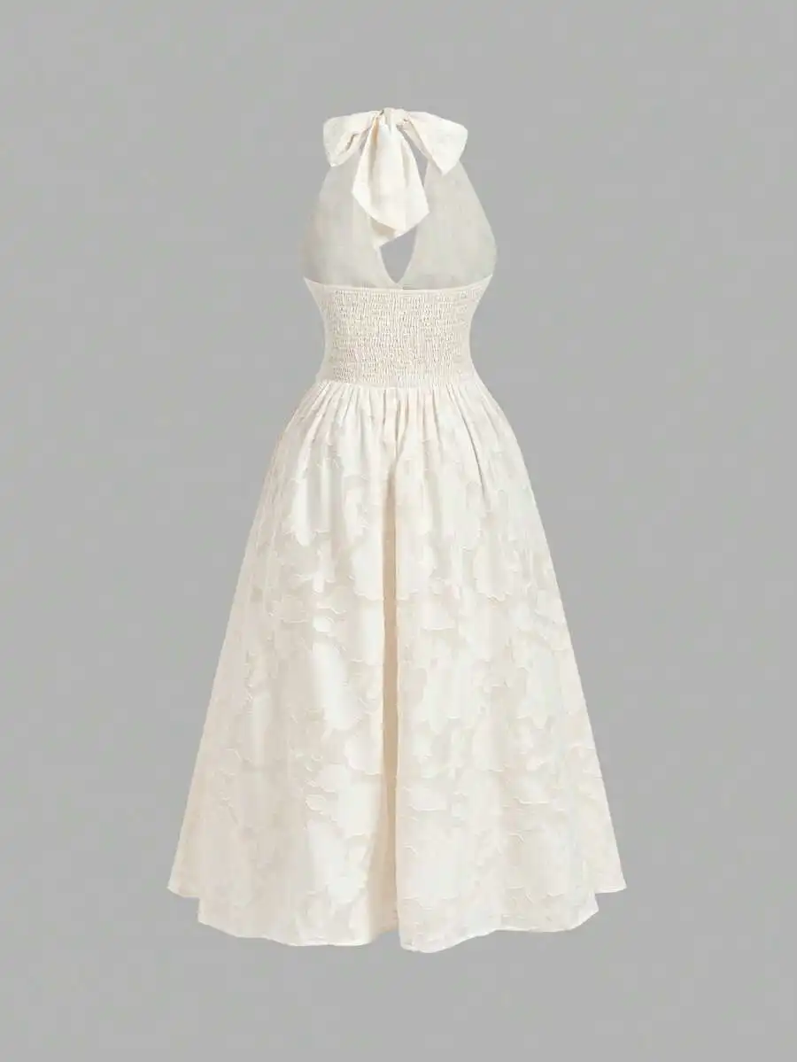 

Elegant White Chiffon Jacquard Halter Neck A-Line Dress With Bow Detail