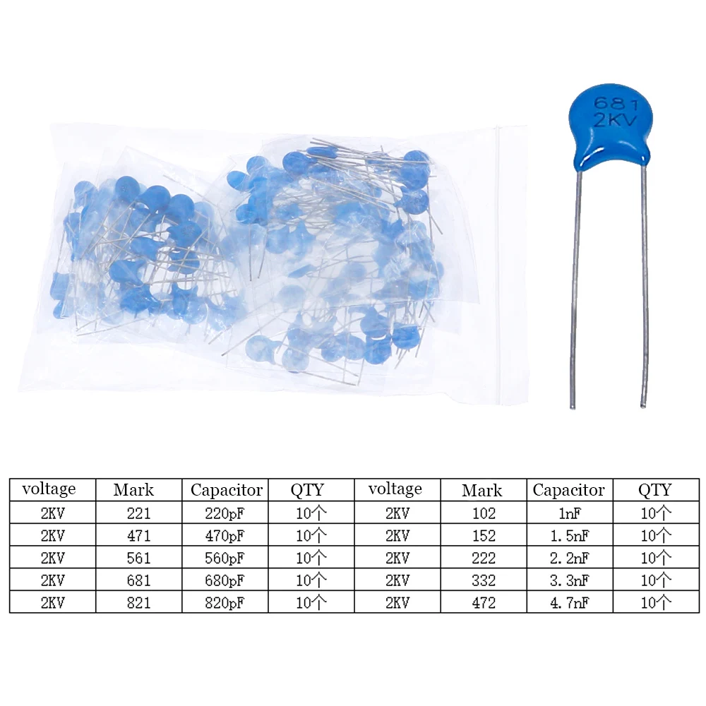 100pcs 10value 2KV high voltage ceramic capacitor Assortment Mixed pack kit 102K 152K 221K 222K 332K 471K 472K 561K 681K 821K