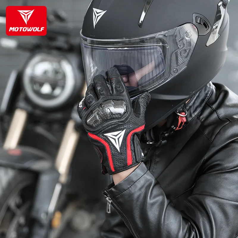 Motorcycle Riding Genuine Leather Gloves for Outdoor Cycling Summer Breathable Leather Gloves with Carbon Fiber Shell Anti-Fall
