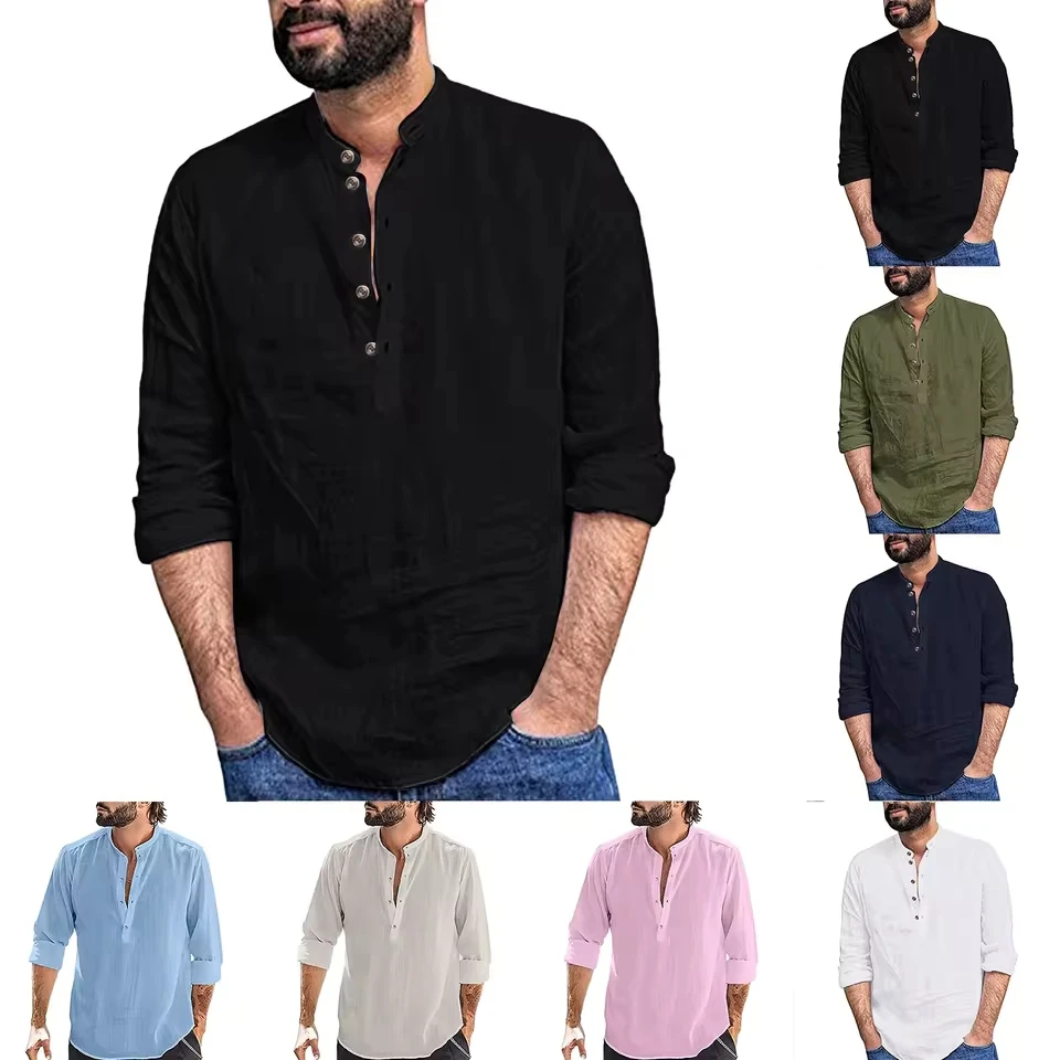 Loose Wrinkle-Free Men'S Streetwear Shirt Mens Loose Fitting Shirt Stand Long Sleeve Shirt Ropa De Hombre