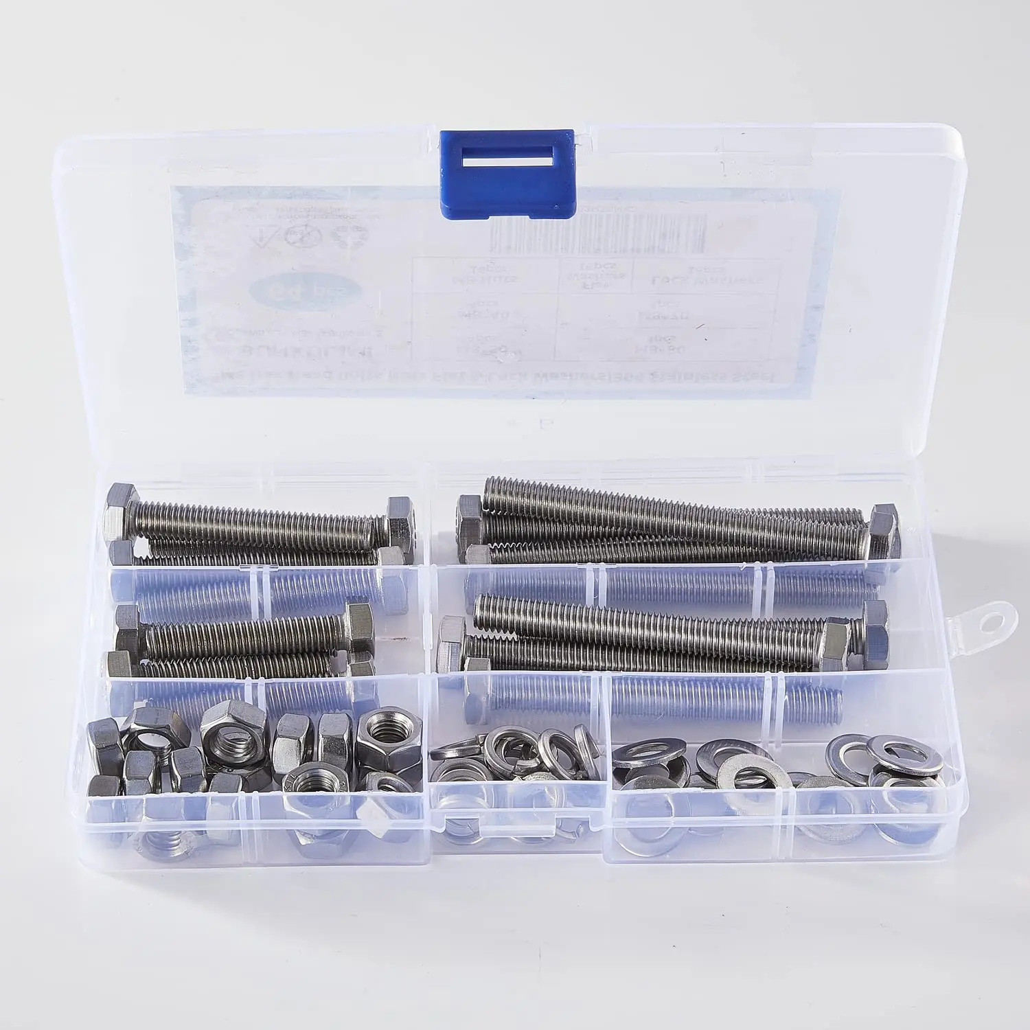 

64 pieces of M8 x 40/50/70/80 mm hexagonal head bolts, nuts, flat lock washers, stainless steel, full machine thread, bright fin