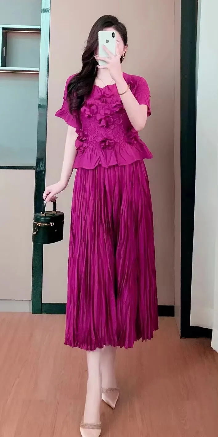 

Плиссированный комплект из двух предметов в стиле Miyake, футболка ручной работы с жемчужными цветами и короткими рукавами, комплект из двух частей с юбкой большого размера со складками