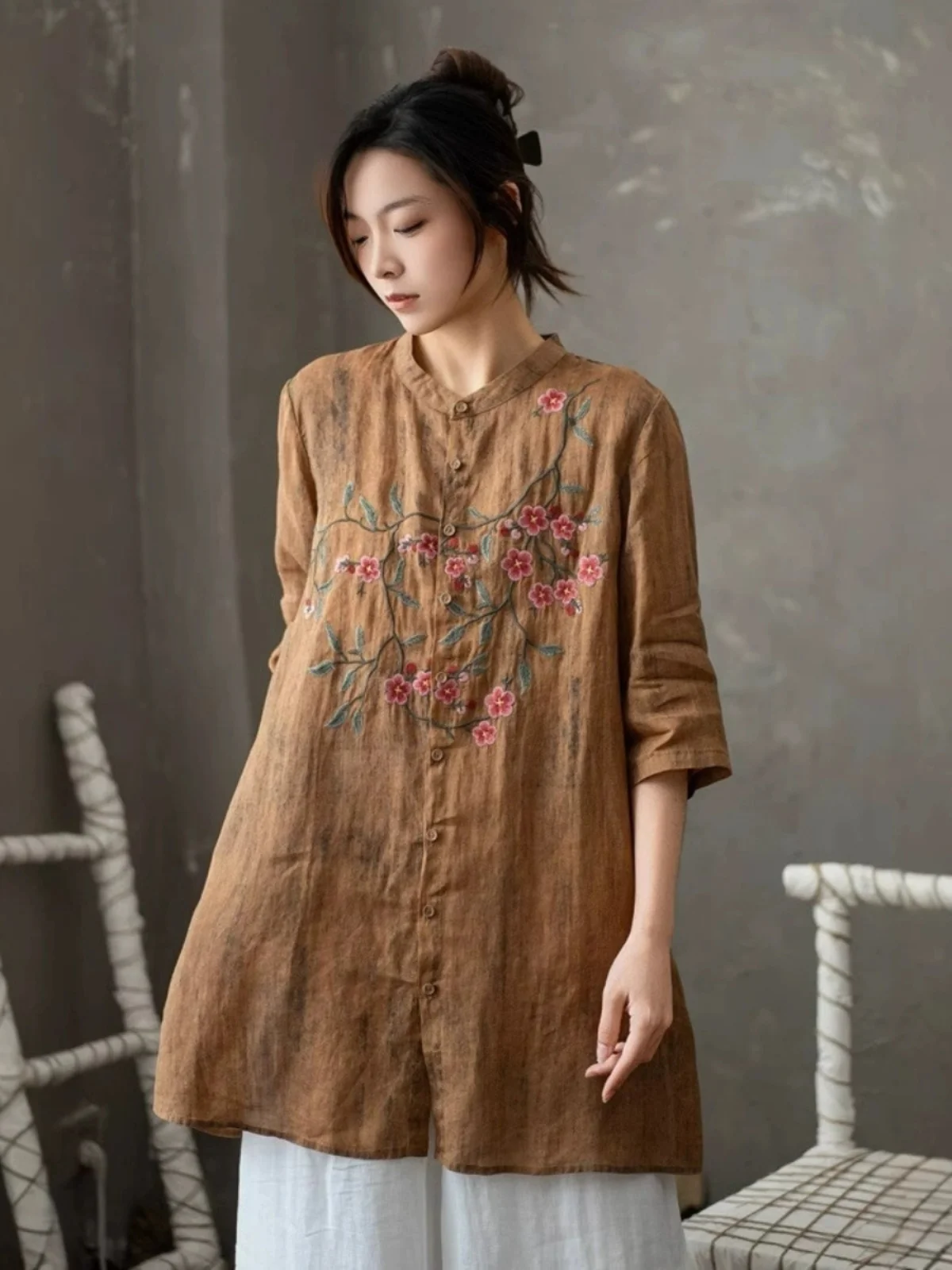 레트로 자수 미디 셔츠 플러스 사이즈 여성 캐주얼 오픈 가디건 슬릿 스탠드 칼라 빅 버튼 미디 셔츠 여성용...