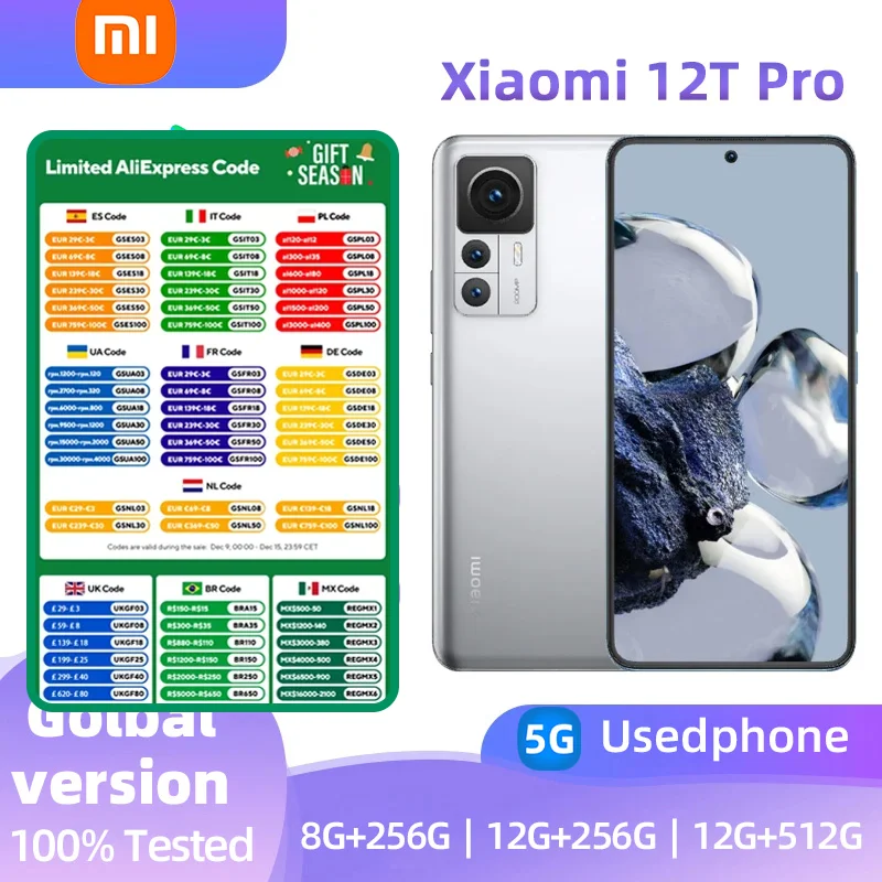 Xiaomi 12T Pro 5G Android RAM 8GB ROM 256GB Qualcomm Snapdragon 8 Gen1 5000mAh 200MP  used phone