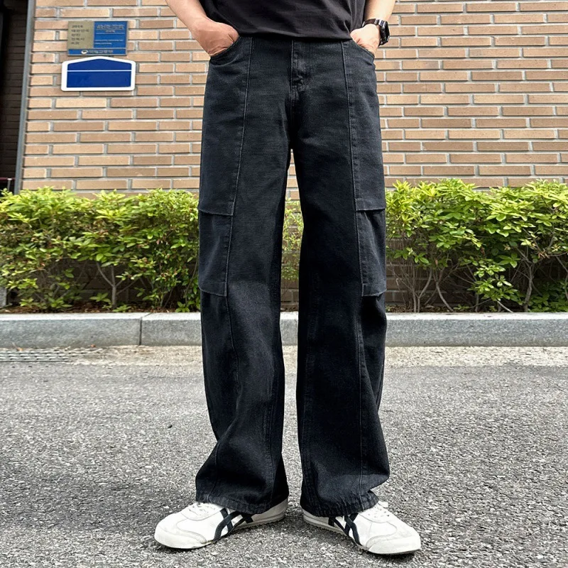 

Vintage New Fashion Washed Straight Denim Trousers Summer Men's Casual Trendy Solid Color Spliced Cargo Jeans Pants Male Clothes