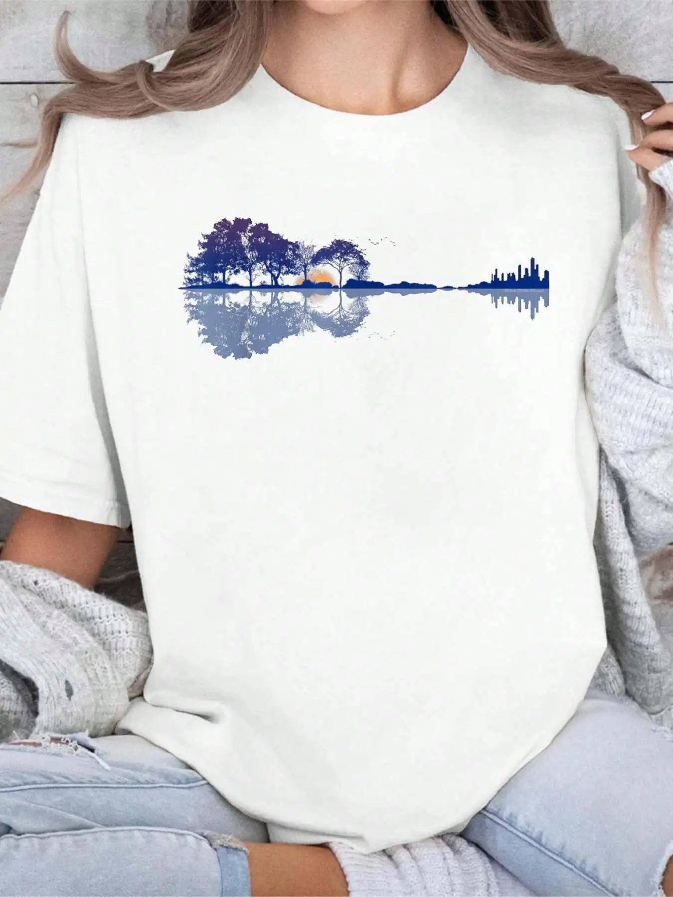

Guitar Lake Reflections In Blue Music Lovers Guitar Cotton Printed T-Shirt For Summer, Soft Women's Short Sleeve Top, Fashionabl