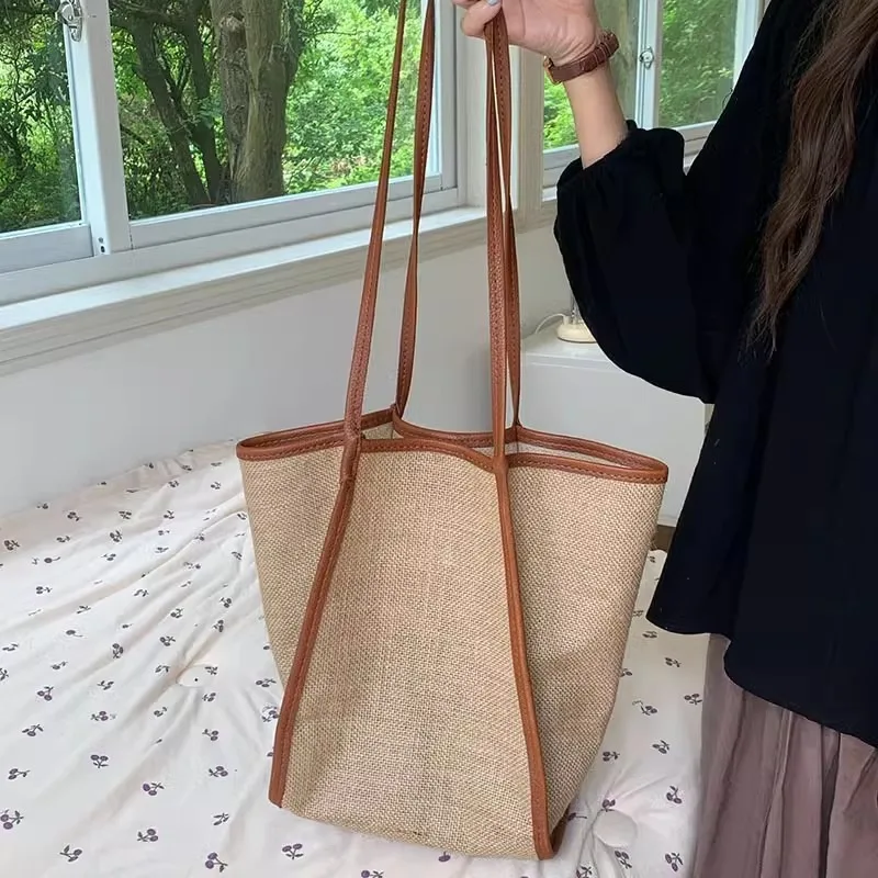 Women's One Shoulder Tote Bag Handheld Shopping Bag New Minimalist Leisure Beach Fashion Large Capacity Cotton and Hemp