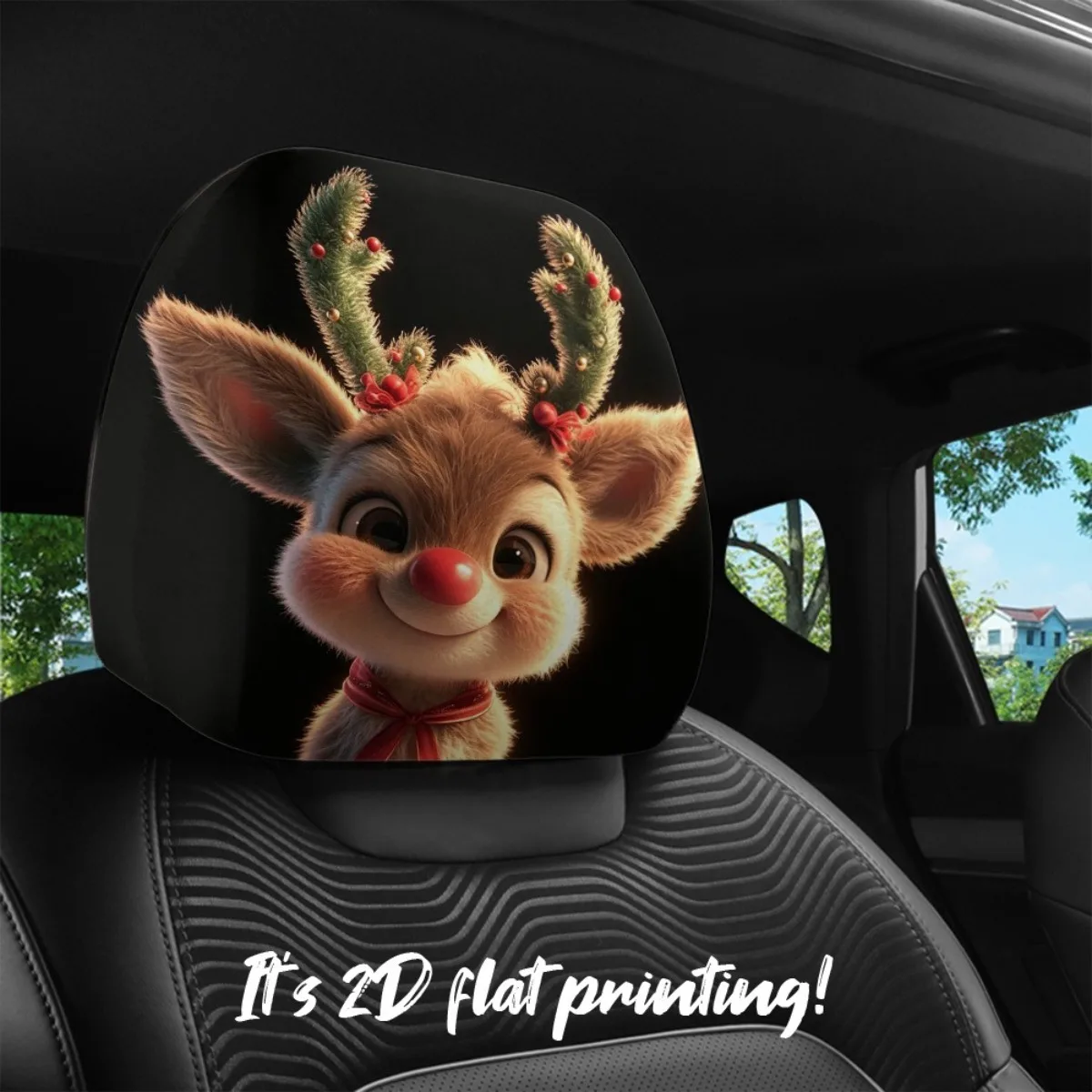 2pcs Set of Adorable Christmas Reindeer Print Car Headrest Covers, Full of Fun, 2D Flat, Modern Style, Easy to Install