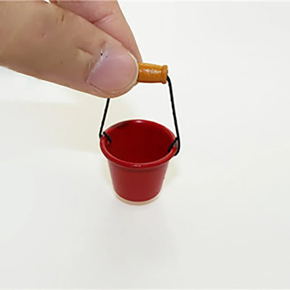 1/12 Doll House Miniature Metal Red Bucket Simulation Furniture Pail Model Toys for Mini Decoration Dollhouse Accessories