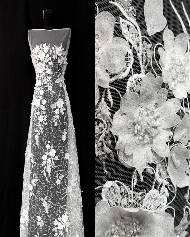 

3D цветочная кружевная ткань для свадебного платья, сетчатая ткань для свадебного платья, белый цвет, новинка