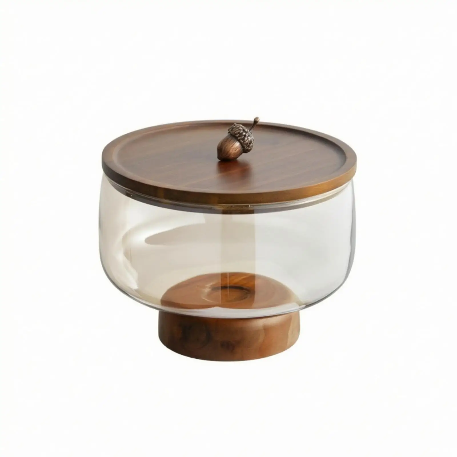Acacia Wood Handle Glass Serving Bowl with Honey Tone for Living Room Decor