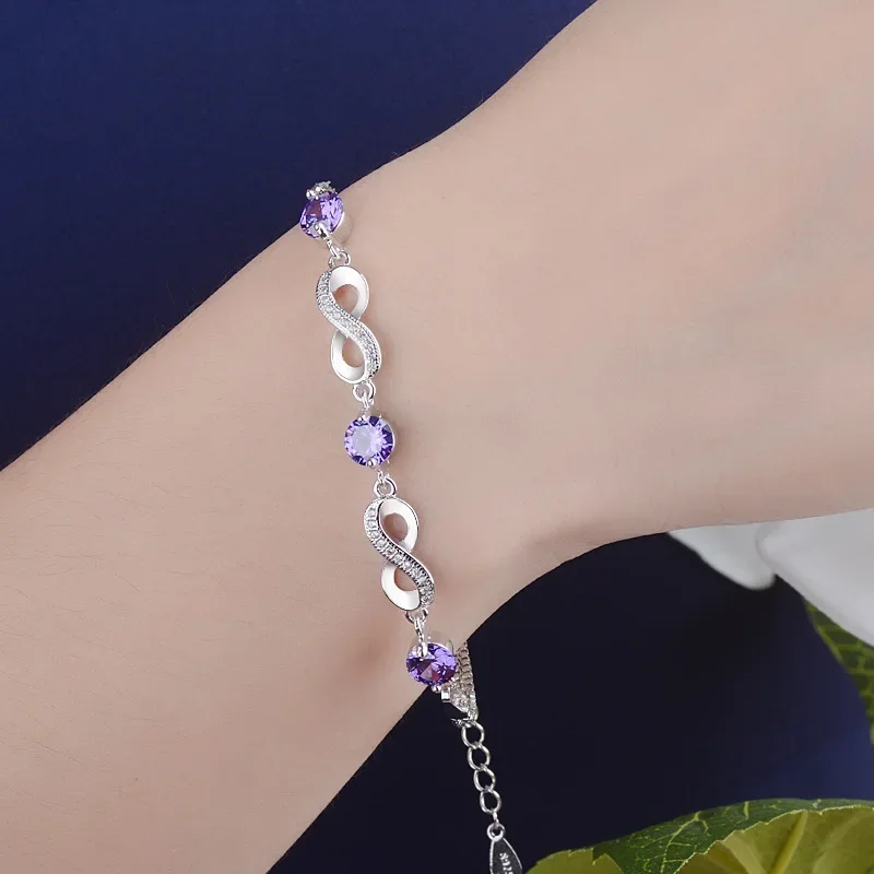 Fashion Clear Purple Zircon Charms 925 Sterling Silver Bracelet for Women Eternity Infinite Love Bracelet Jewelry Gift