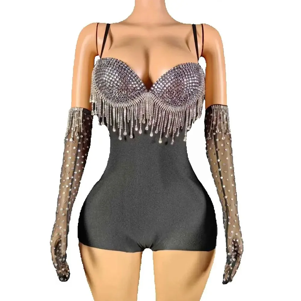 จั๊มพ์สูทสายเดี่ยวประดับพู่เซ็กซี่+ถุงมือ ชุดราตรีตาข่ายสำหรับงานพรอม งานเฉลิมฉลองวันเกิด ถ่ายภาพ โชว์บนเวที