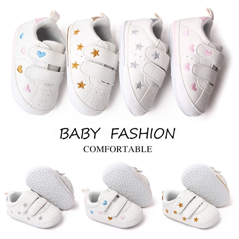 EWODOS Baby Girls Sneaker PU Leather Heart Star Non-slip Flats White First Walking Shoes for Girls Boys Casual First Walkers