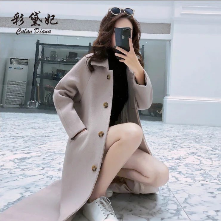 Quali Women's Woolen Coat Turn-down Collar Long Sve Spring Summer Faionable Straight-cut Polyurethane Elastic Fiber Po...