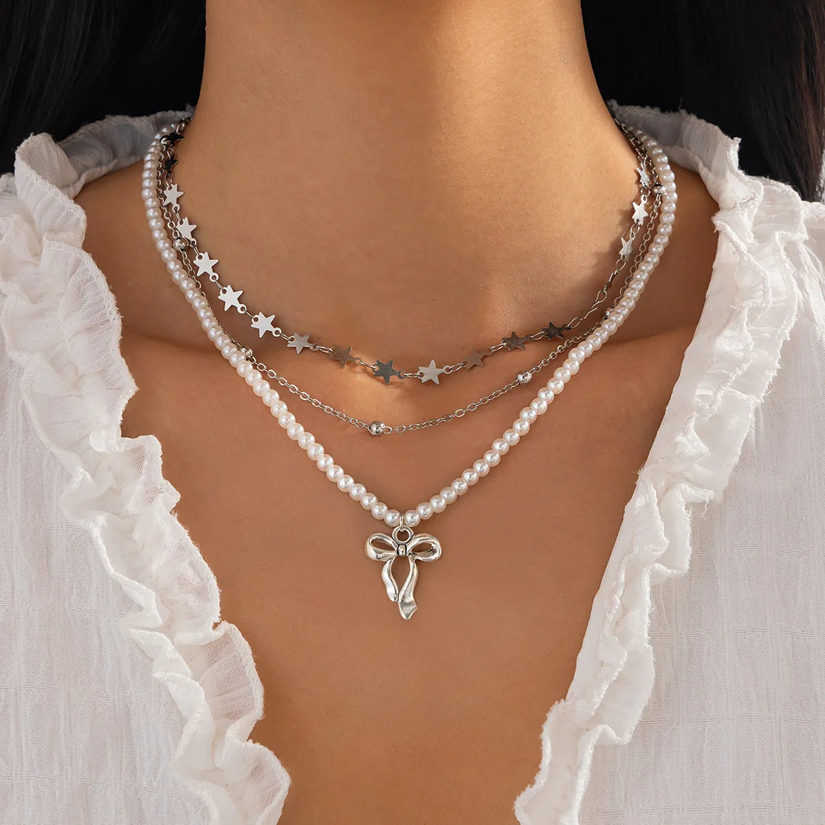 

3Pcs/Set Vintage Silver Color Star OT Buckle Pendant Choker Necklace for Women Goth CCB Beads Chain Aesthetic Jewelry Gift New