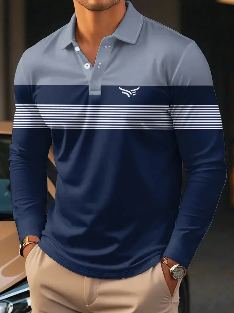 La nueva camiseta POLO de manga larga para hombre para primavera y otoño de 2025, presenta comodidad de moda urbana y impresión de rayas 3D.