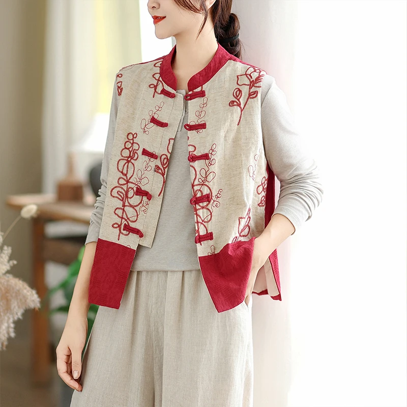 

Женский жилет из хлопка и льна с вышивкой в китайском стиле в стиле ретро, осенняя одежда, цветная верхняя одежда Blo, улучшенный костюм Тан, открытый кардиган, топ