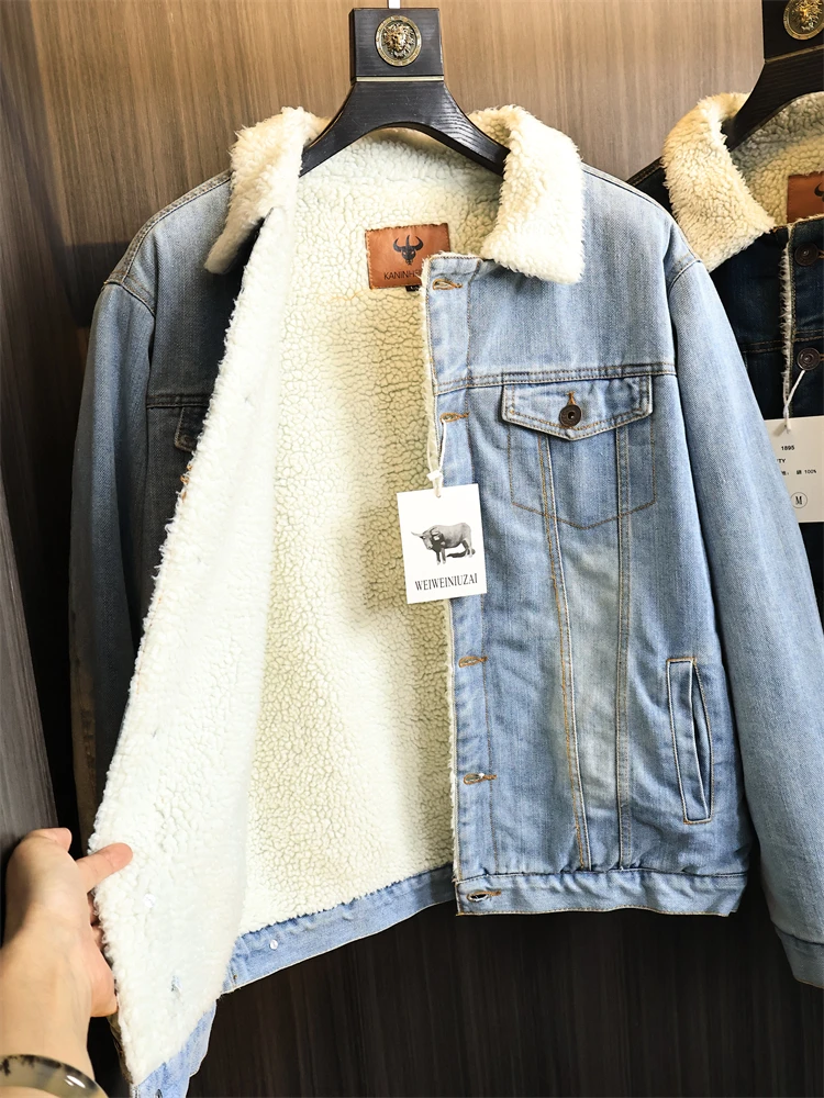 

Мужская джинсовая зимняя верхняя одежда с воротником-стойкой Thiened Jaet на подкладке, повседневное длинное пальто све