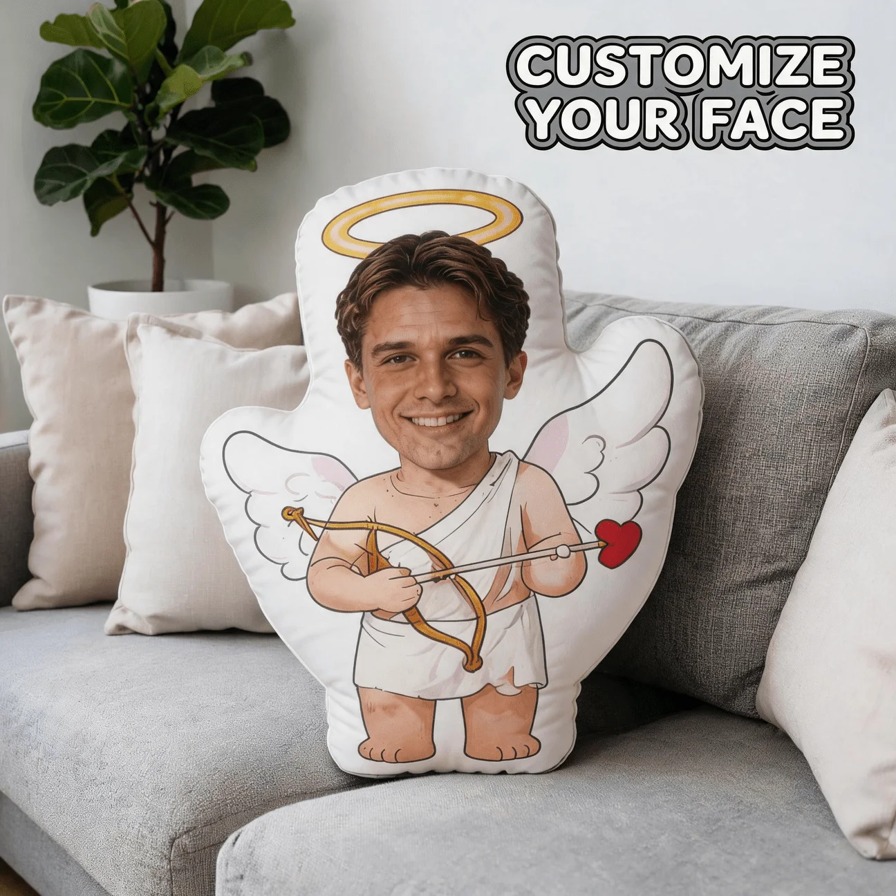 Custom Photo Angel-Shaped Pillow, Personalized Face Cupid Decorative Cushion, Funny Smiling Man with Wings And Bow Home Decor Ac
