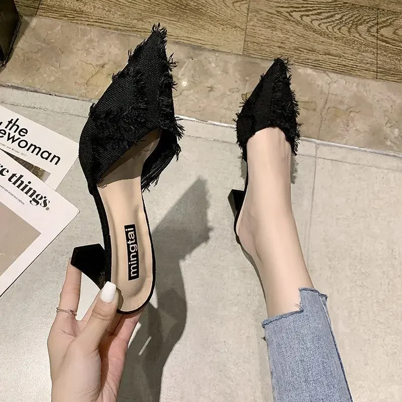 Indoor Outside Off White Shoes for Women Job Sandals Woman Slippers Mules Furry Heeled Sexy Pointed Toe Slides Wholesale W Eva F