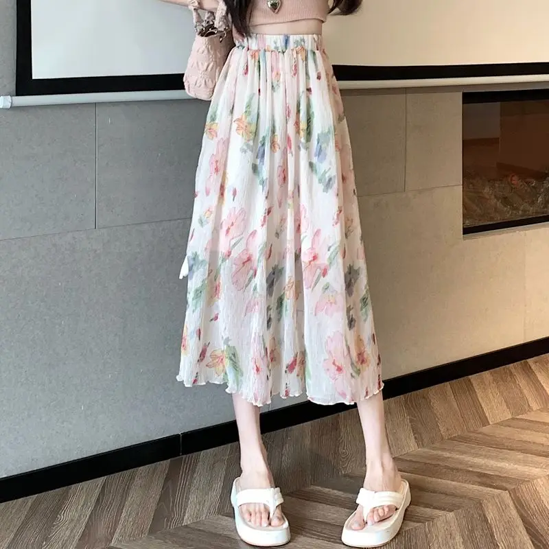 Floral Midi Skirt Women's 2026 Summer New Arrival Elegant Fashion High Waist A Line Split Hem Slimming Dress