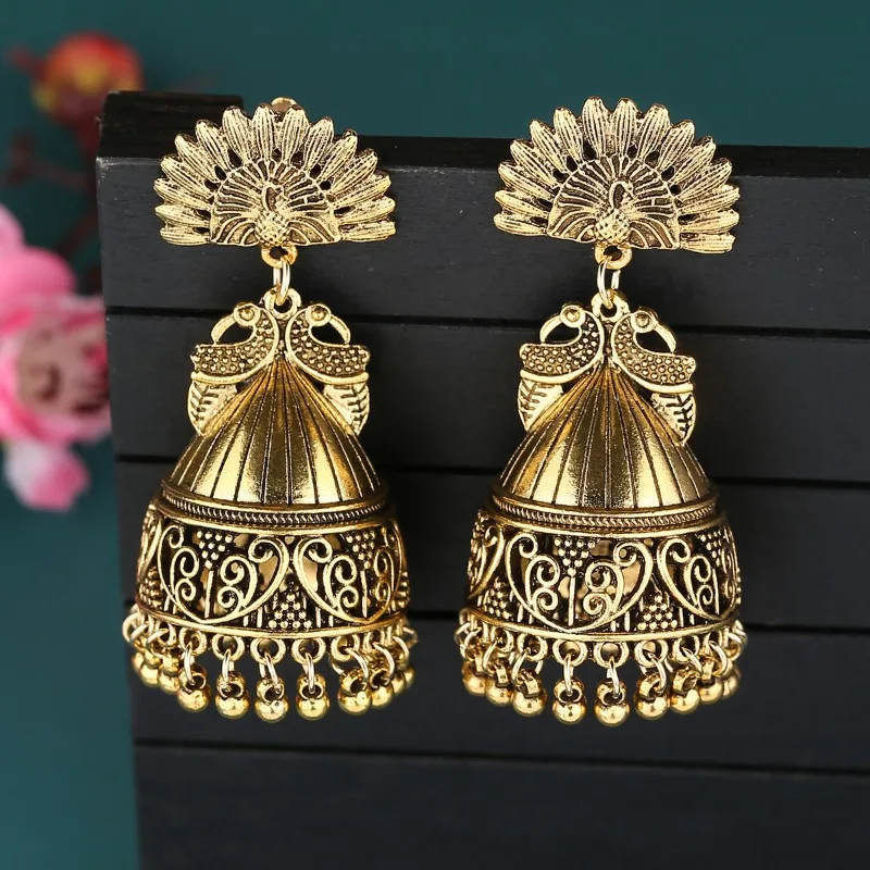 2024 Ethnic Jhumka Earrings for Women Nepal Bohemian Jewelry Exaggerated Retro Indian Style Hollow Bell Pendant Peacock Earrings