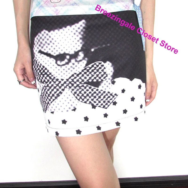 Korean black-and-white fashion polka-dot cat print skirt women's summer and autumn new sweet temperament Joker casual skirt