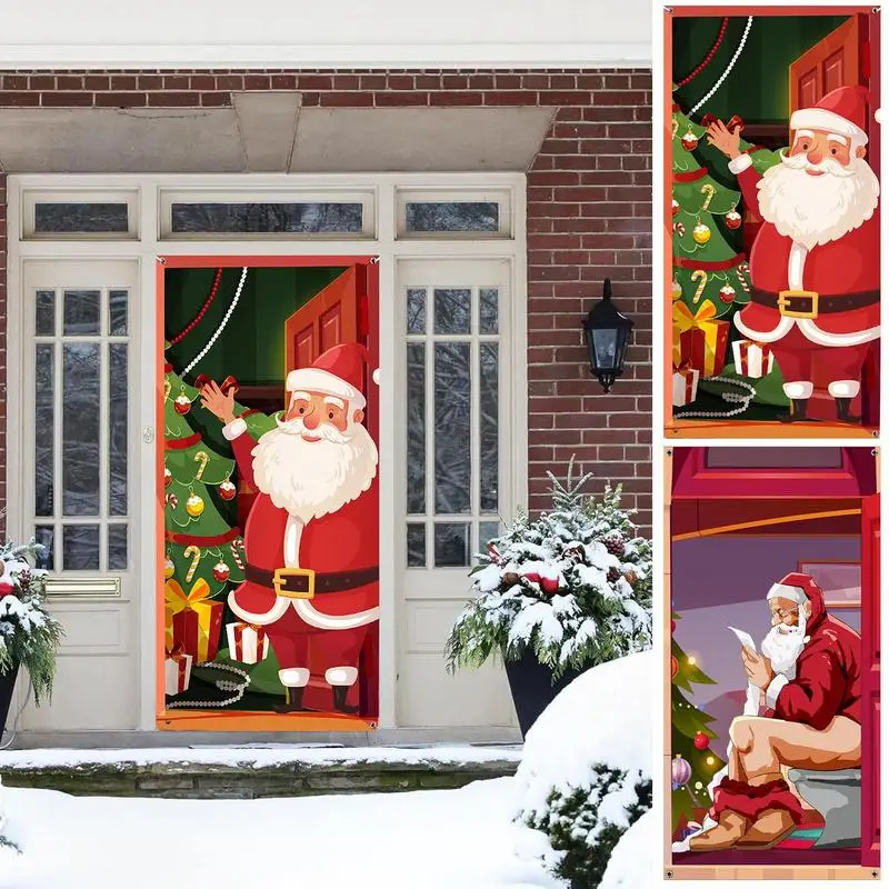 

Christmas Door Cover Front Door Holiday Christmas Decoration Christmas Door Decor Funny Santa Claus Printing Festival Holiday