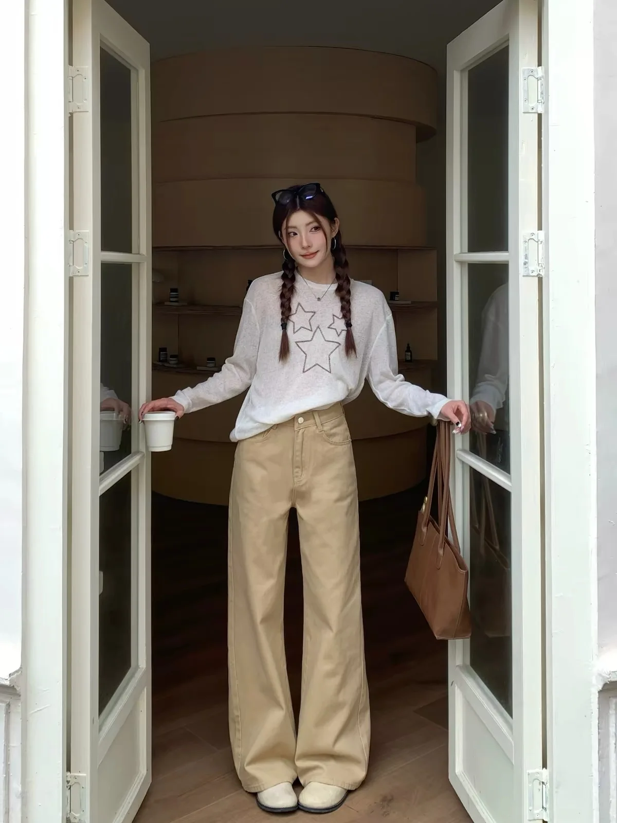 plus Size Women's Khaki Straight Leg Jeans High Waist Loose Slimming Wide Leg Pants Autumn New Style Comfortable Fit Denim