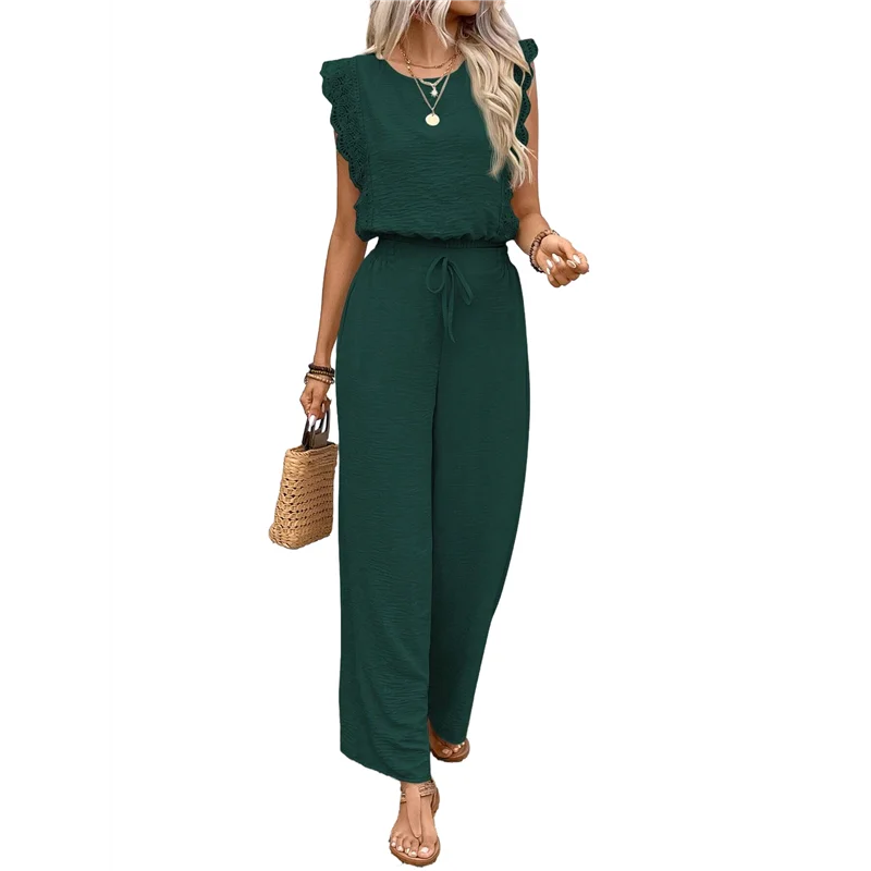 

A09P Jumpsuits For Women 2025 Summer Ruffle Sleeves Square Neck Rompers Drawstring Overalls With Pockets