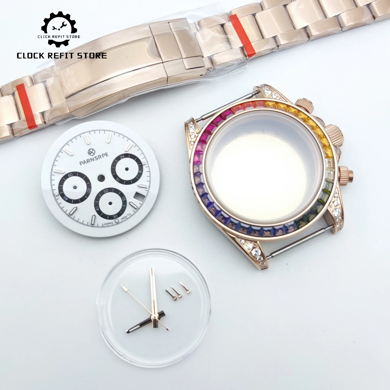 kit-de-modification-de-montre-40-mm-en-or-rose-vk63-cadran-lumineux-avec-fond-saphir-bord-diamant-arc-en-ciel-et-aiguilles-accessoires-diy
