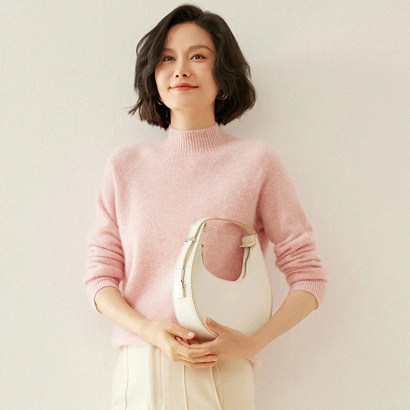 

Women's Cashmere Sweater, 35% Cashmere, Half Turtleneck, Knitted, Thickened, Basic Style, 2024 Autumn and Winter New Style