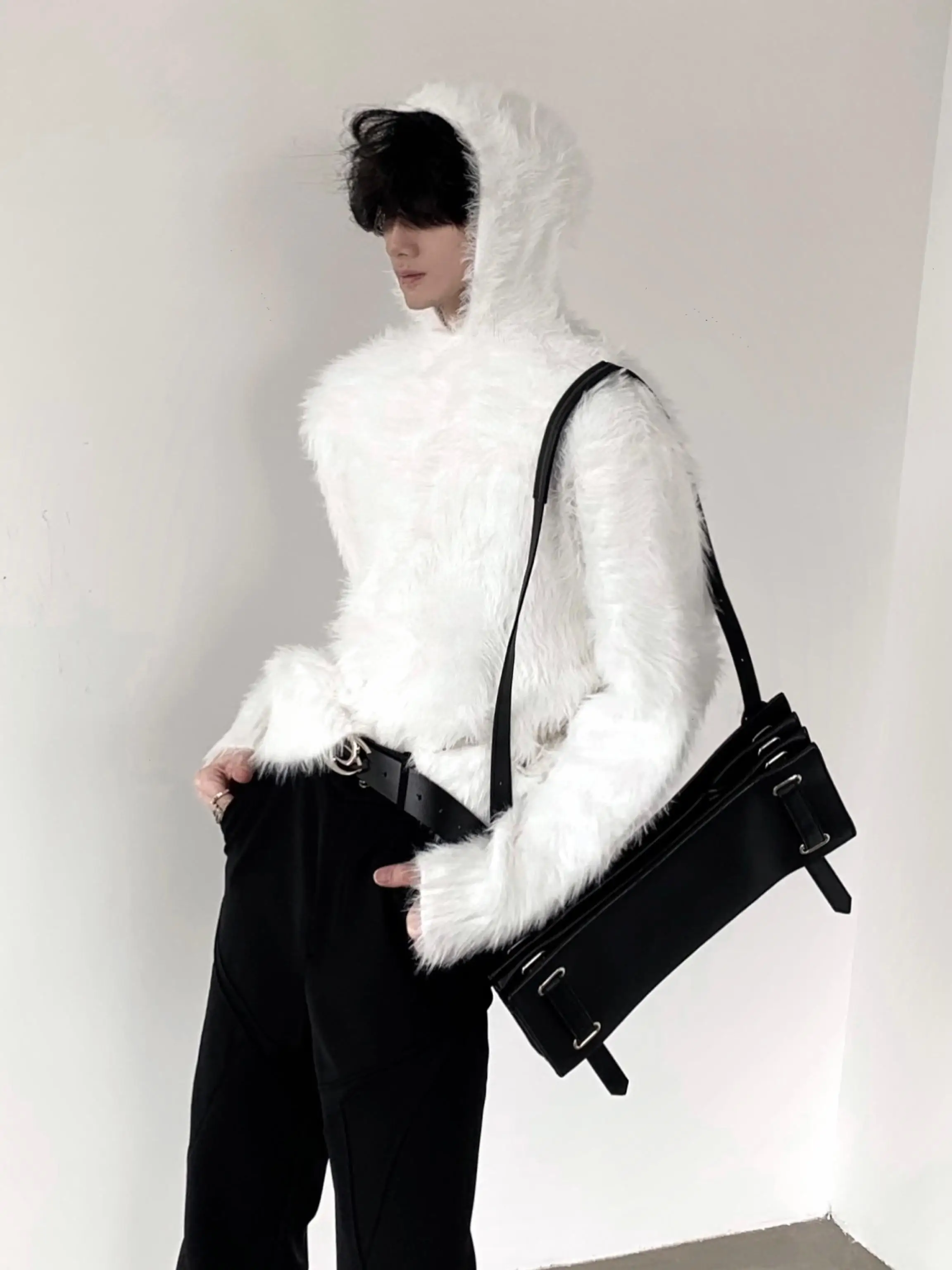 Cleanfit Minimalist Hooded Fake  Fur Knitwear Men's Winter Lazy High-End Feeling Inner Wear Casual Loose Fit Thermal