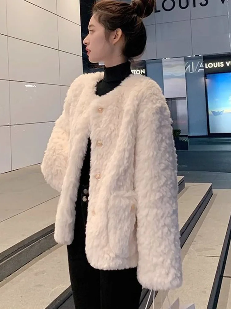 Mulheres soltas pele do falso engrossar jaquetas inverno quente o pescoço algodão acolchoado forrado abrigos design coreano sólido único breasted casacos