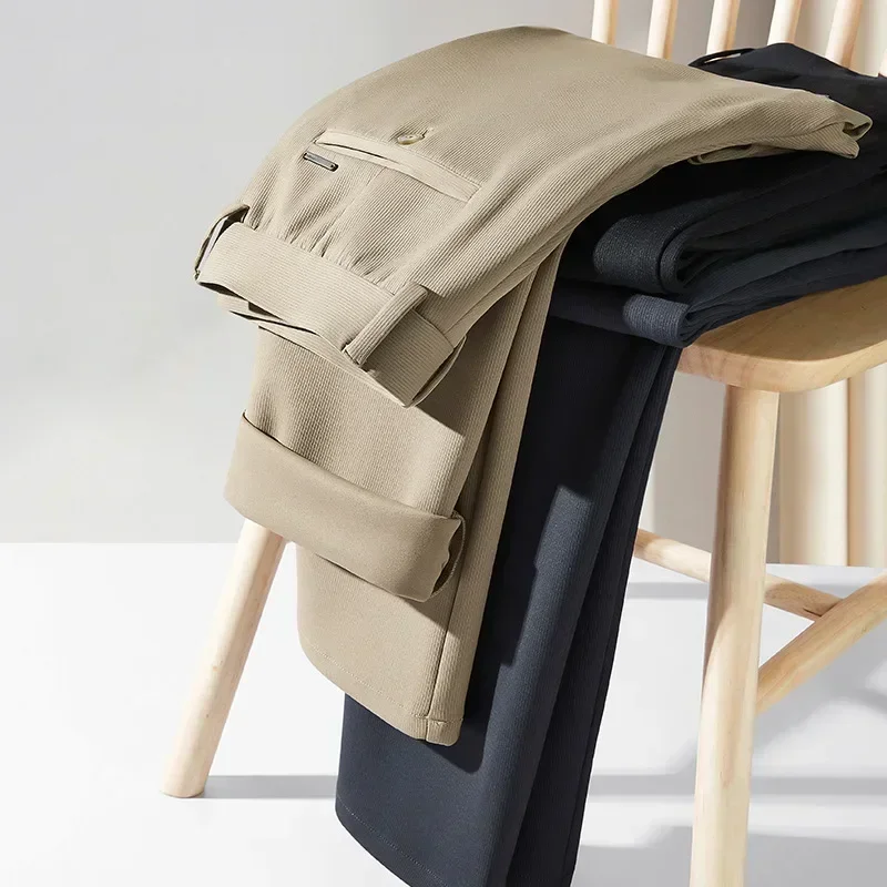 Celana panjang kerja pria, celana panjang kerja longgar warna polos tebal pinggang lurus elastis Musim Semi dan Gugur 2025