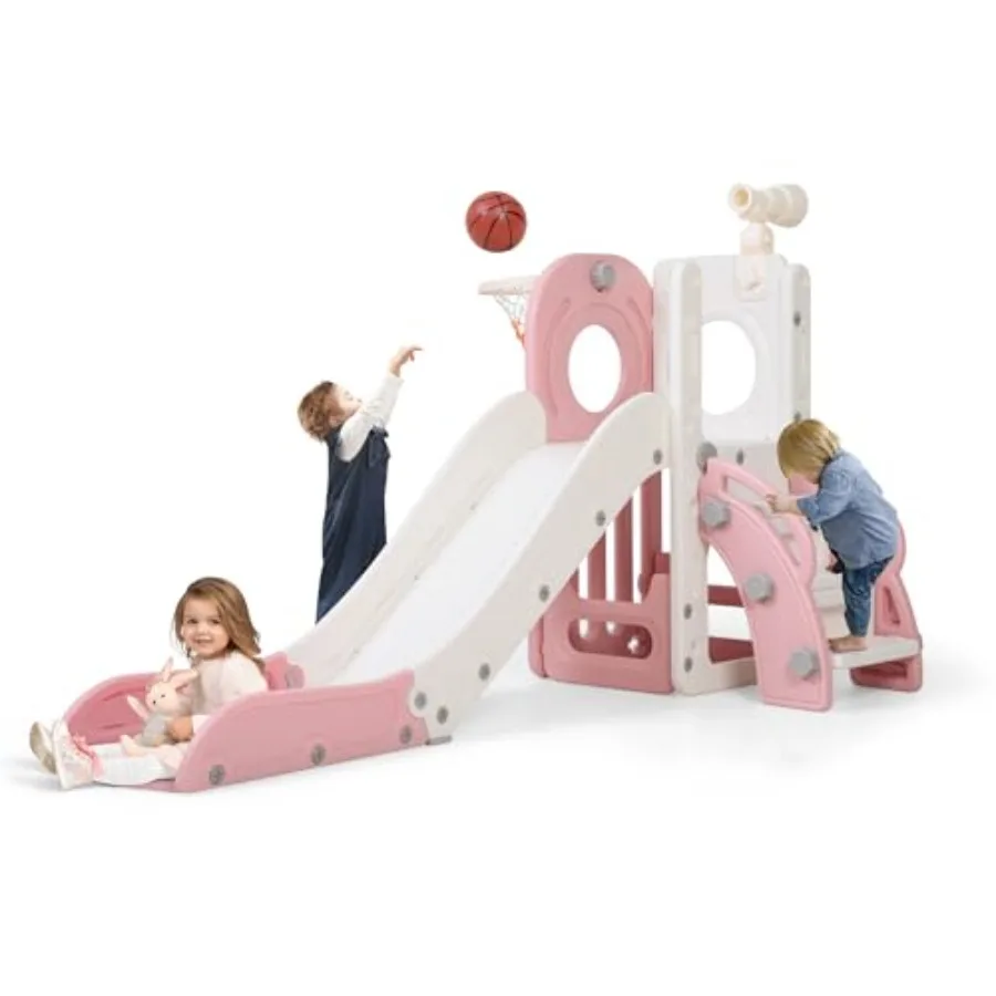 

Детская горка для дома 6-в-1 для малышей 1-3 лет, отдельностоящая горка с баскетбольным кольцом, телескопическим стеллажом для хранения, уличная игровая площадка