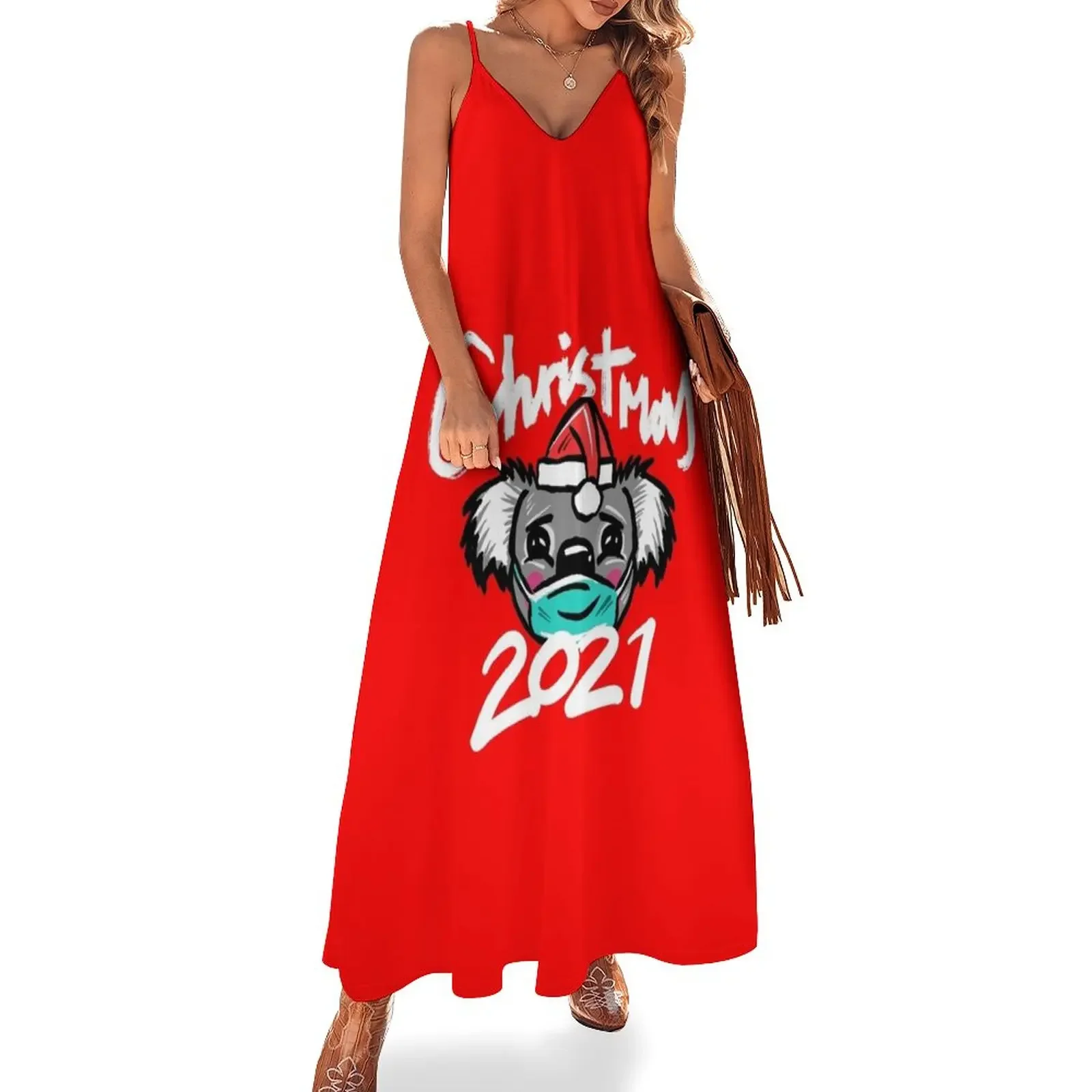 

Australian Christmas 2021 T-Shirt, Christmas Koala Tee with Aussie Koala wearing a Face Mask and Christmas Hat, Sleeveless Dress